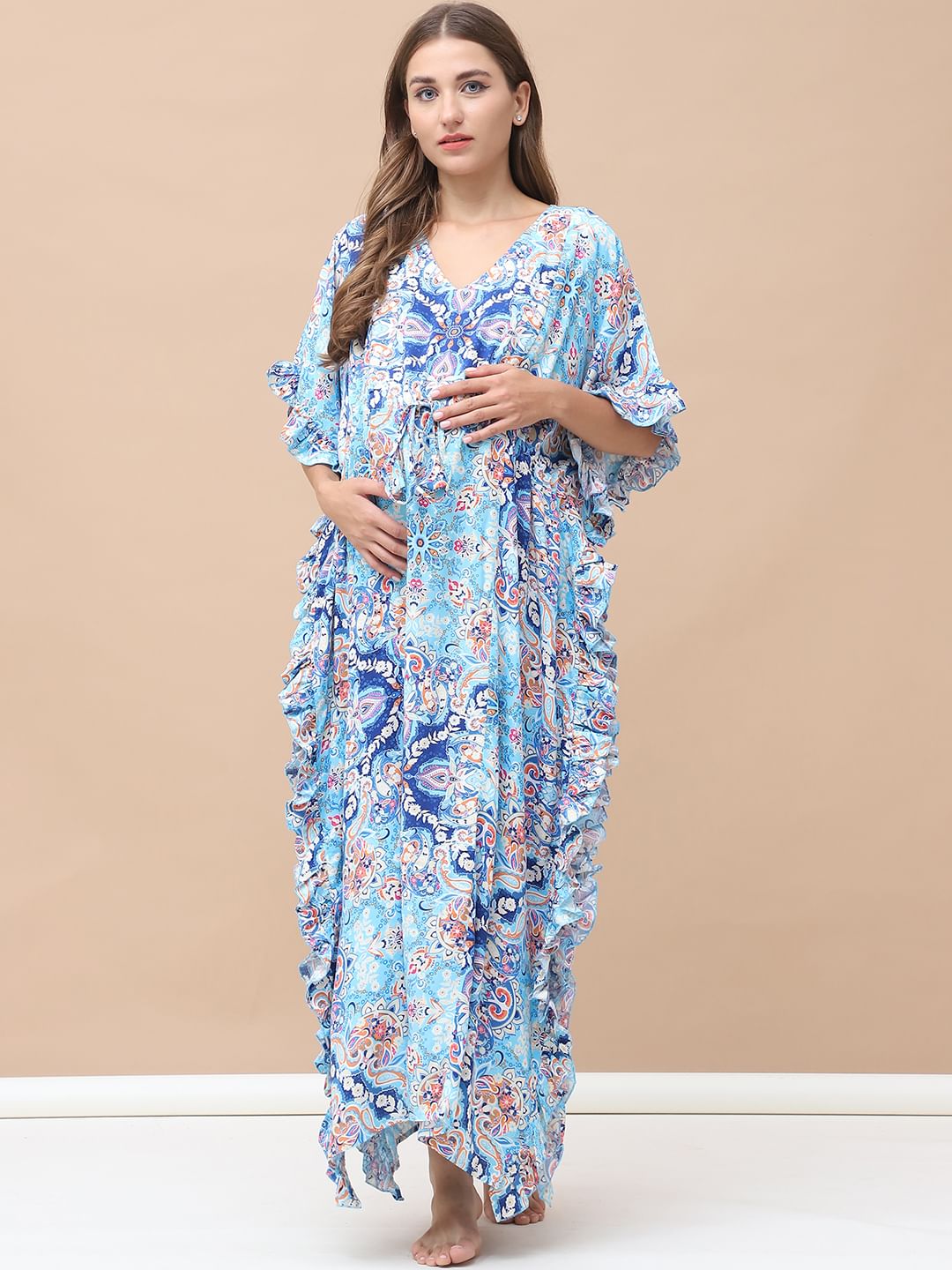 Floral Print Sky Blue Rayon Maternity Kaftan Full Length