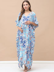 Floral Print Sky Blue Rayon Maternity Kaftan Full Length