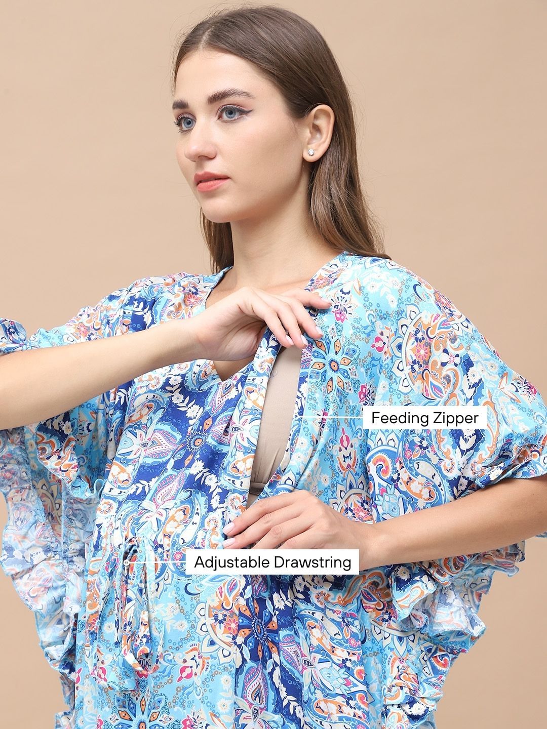 Floral Print Sky Blue Rayon Maternity Kaftan Full Length