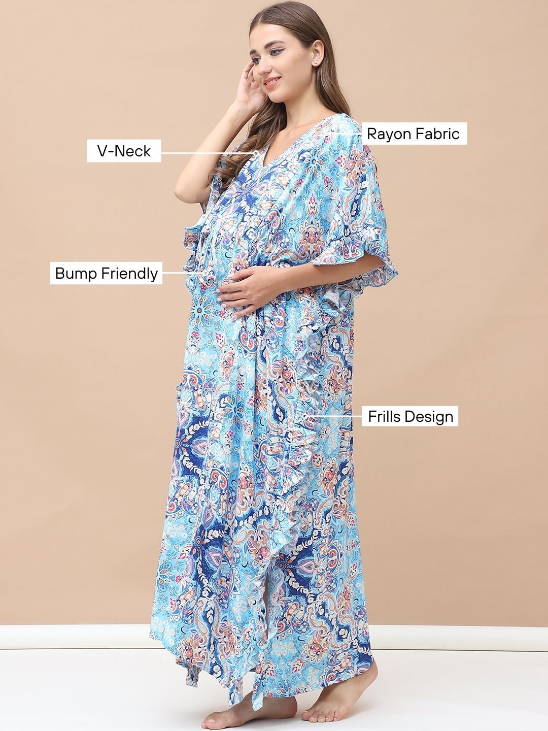 Floral Print Sky Blue Rayon Maternity Kaftan Full Length