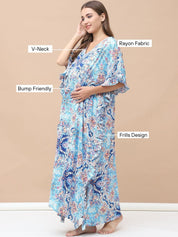 Floral Print Sky Blue Rayon Maternity Kaftan Full Length