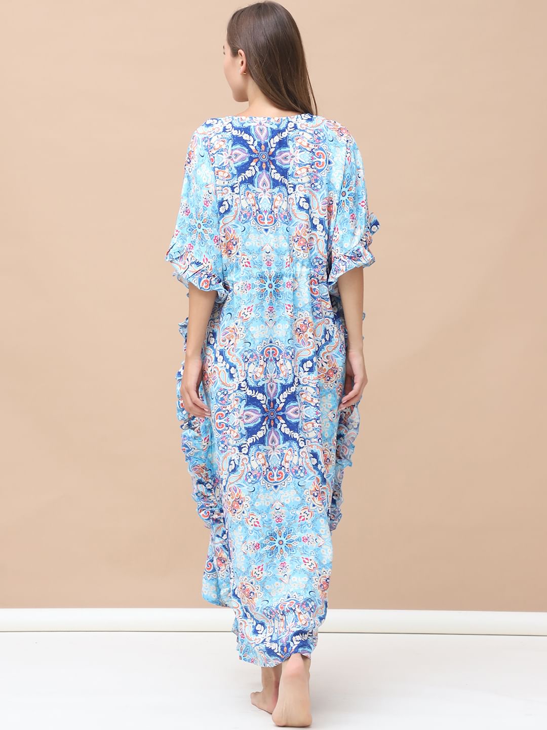 Floral Print Sky Blue Rayon Maternity Kaftan Full Length