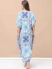 Floral Print Sky Blue Rayon Maternity Kaftan Full Length