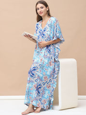 Floral Print Sky Blue Rayon Maternity Kaftan Full Length