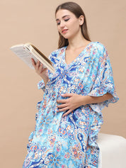 Floral Print Sky Blue Rayon Maternity Kaftan Full Length
