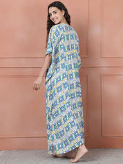 Secret Wish Blue Geometric Rayon Maternity Kaftan Full length