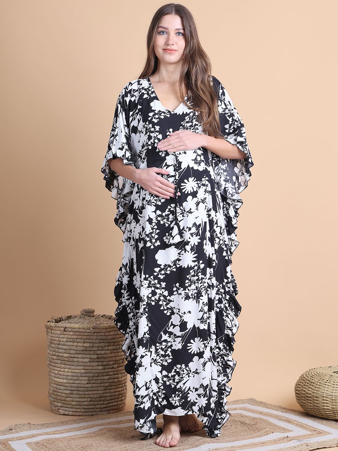 Secret Wish Black Floral Rayon Maternity Kaftan