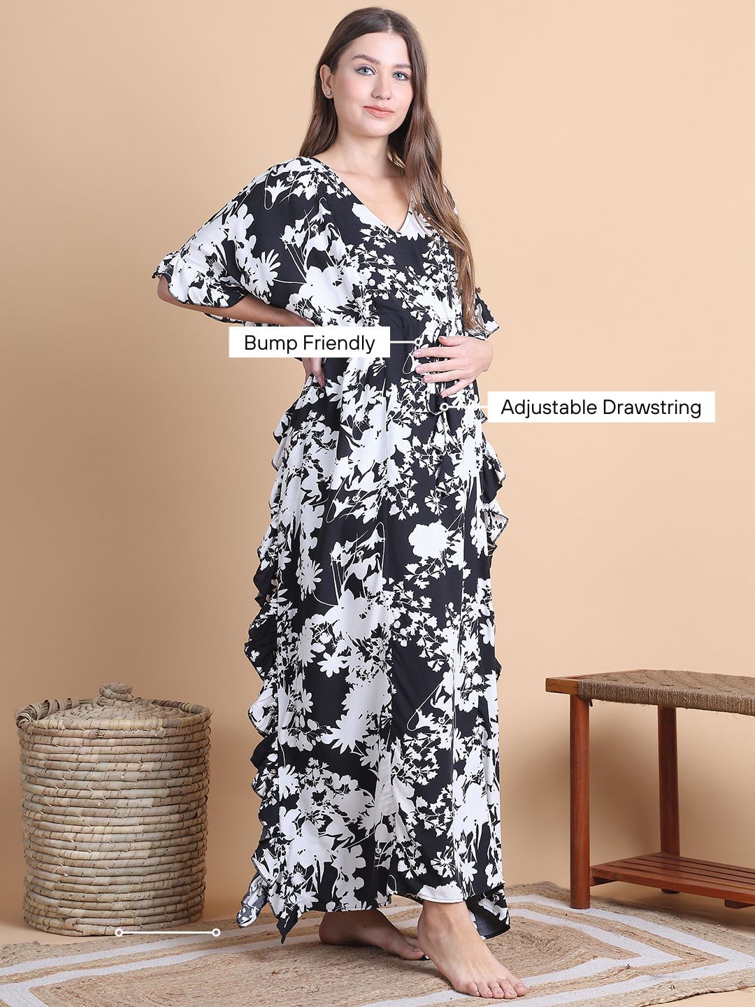 Secret Wish Black Floral Rayon Maternity Kaftan