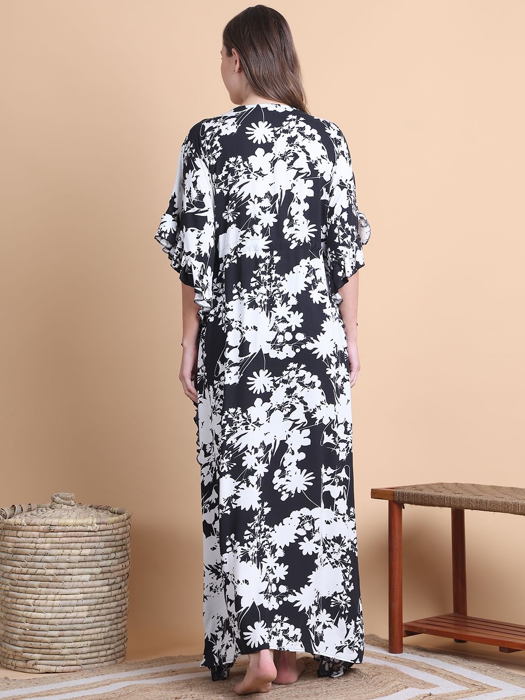 Secret Wish Black Floral Rayon Maternity Kaftan