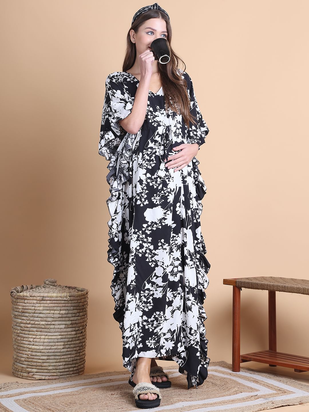 Secret Wish Black Floral Rayon Maternity Kaftan
