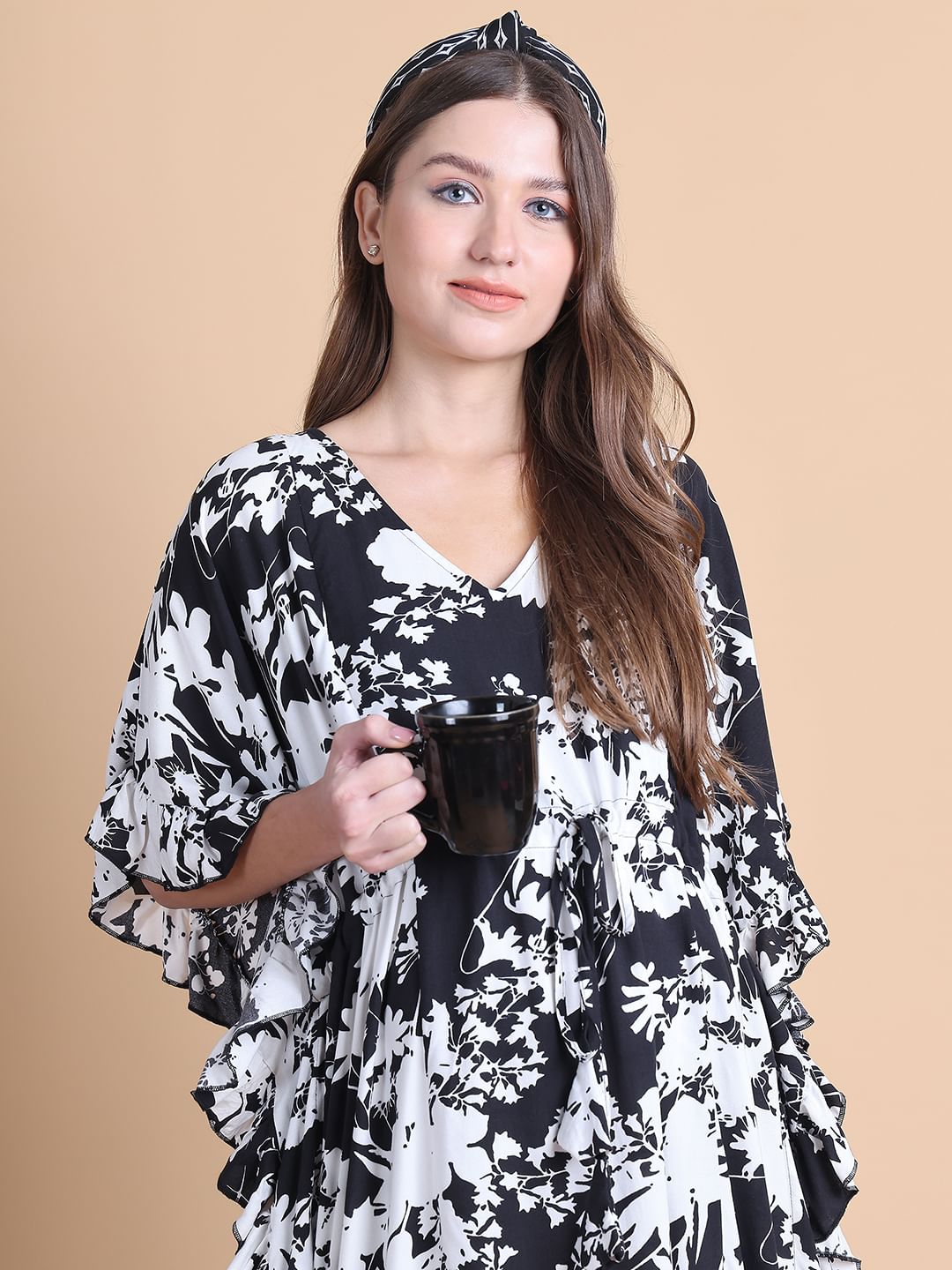Secret Wish Black Floral Rayon Maternity Kaftan