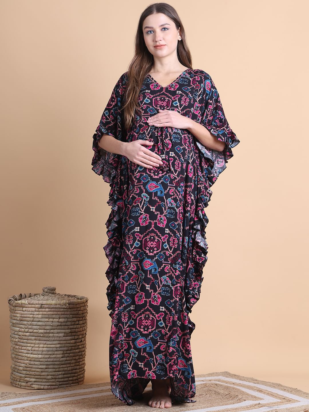 Secret Wish Black Ikkat Printed Rayon Maternity Kaftan