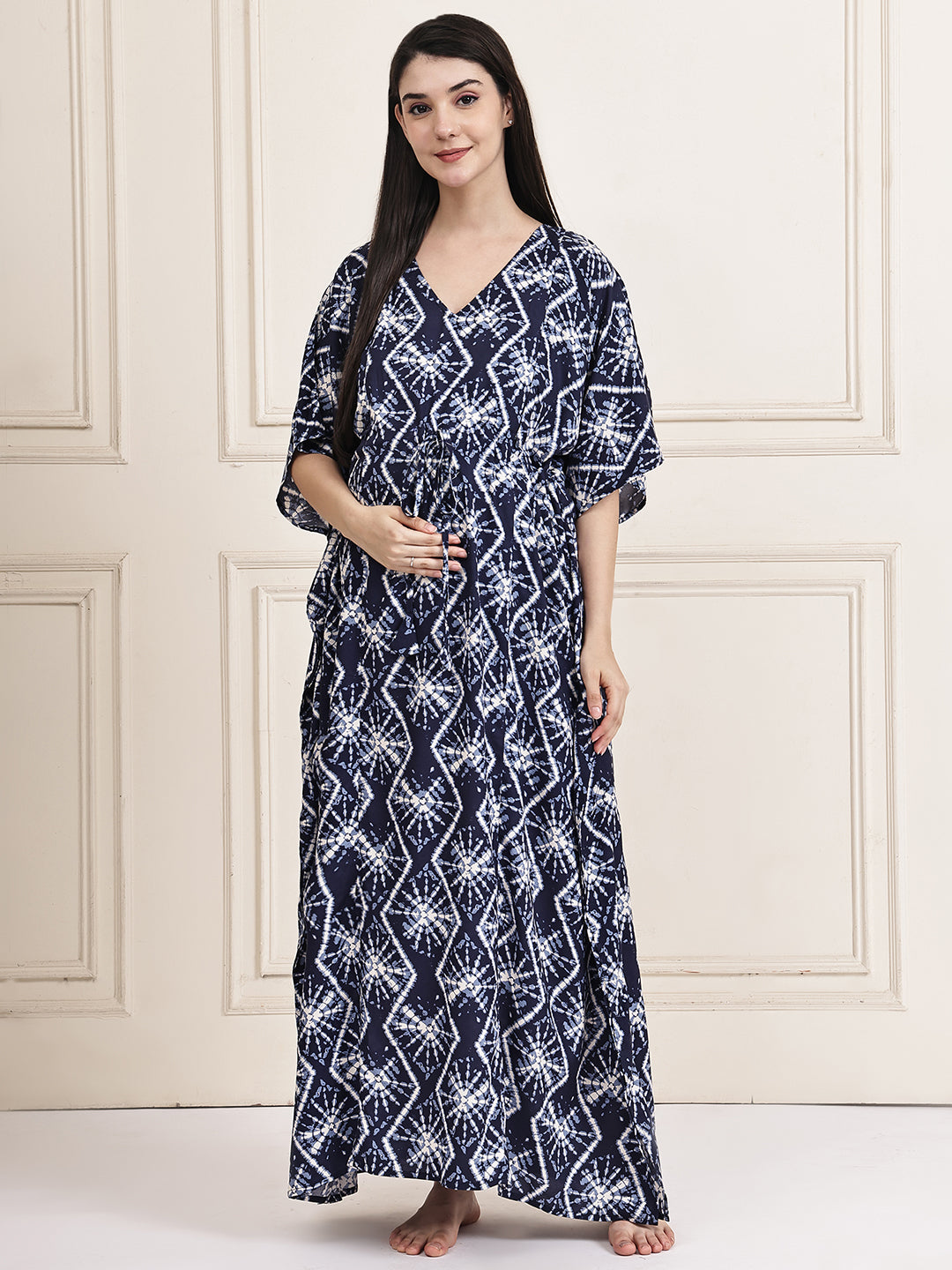 Navy Blue Geometric Print Rayon Maternity Kaftan