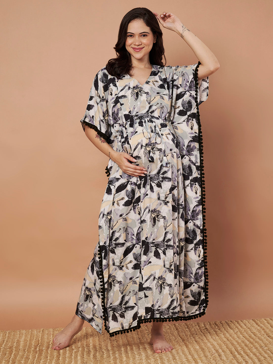 Secret Wish Black Floral Rayon Maternity Kaftan