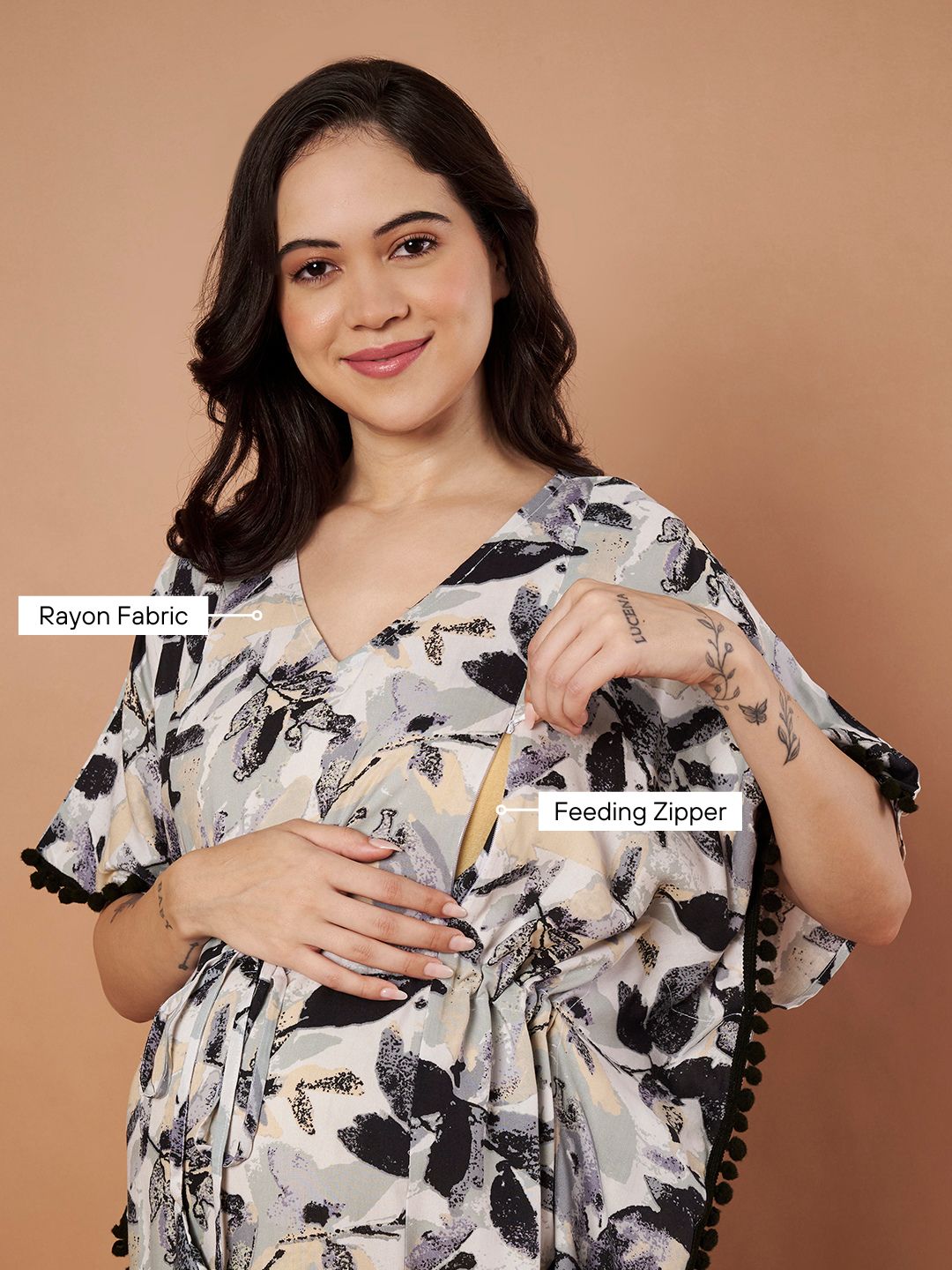 Secret Wish Black Floral Rayon Maternity Kaftan