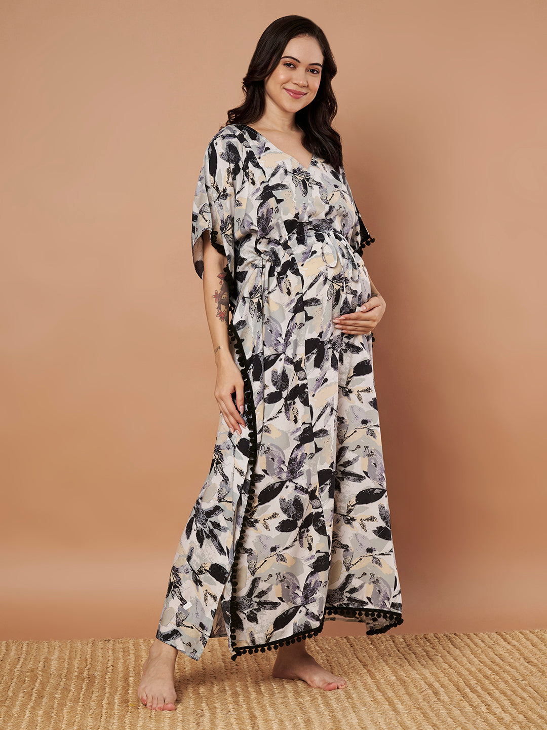Secret Wish Black Floral Rayon Maternity Kaftan