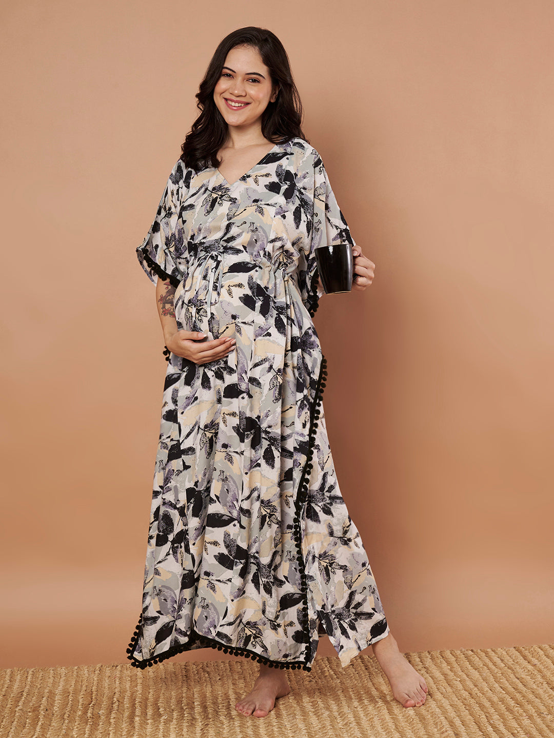 Secret Wish Black Floral Rayon Maternity Kaftan