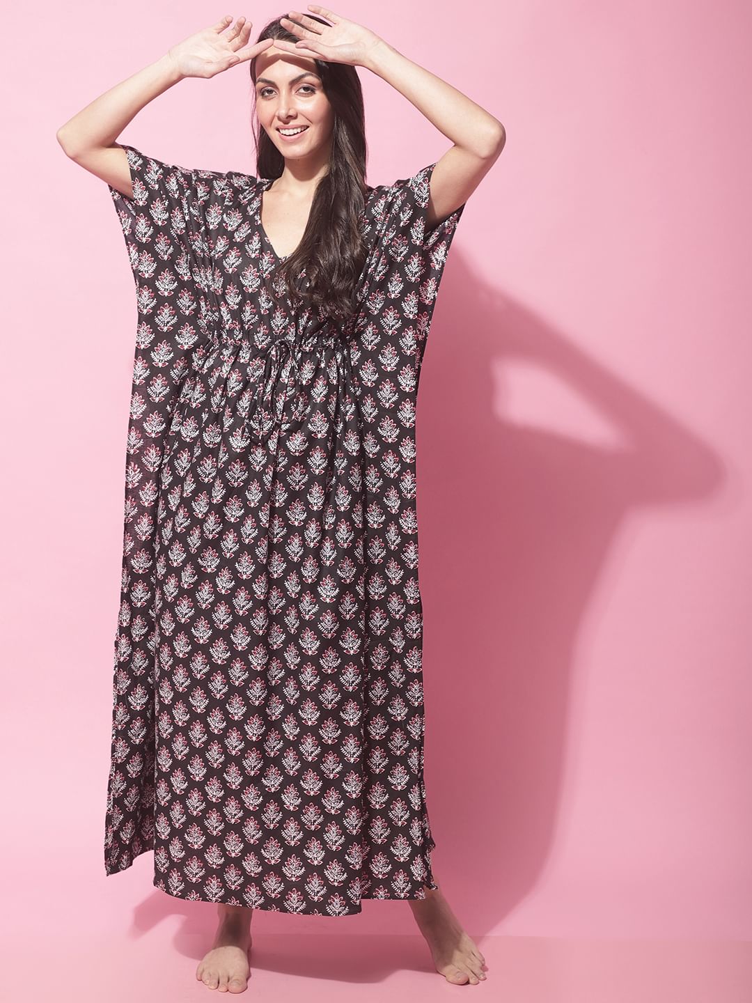 Black Sanganeri Screen Print Kaftan Night Dress