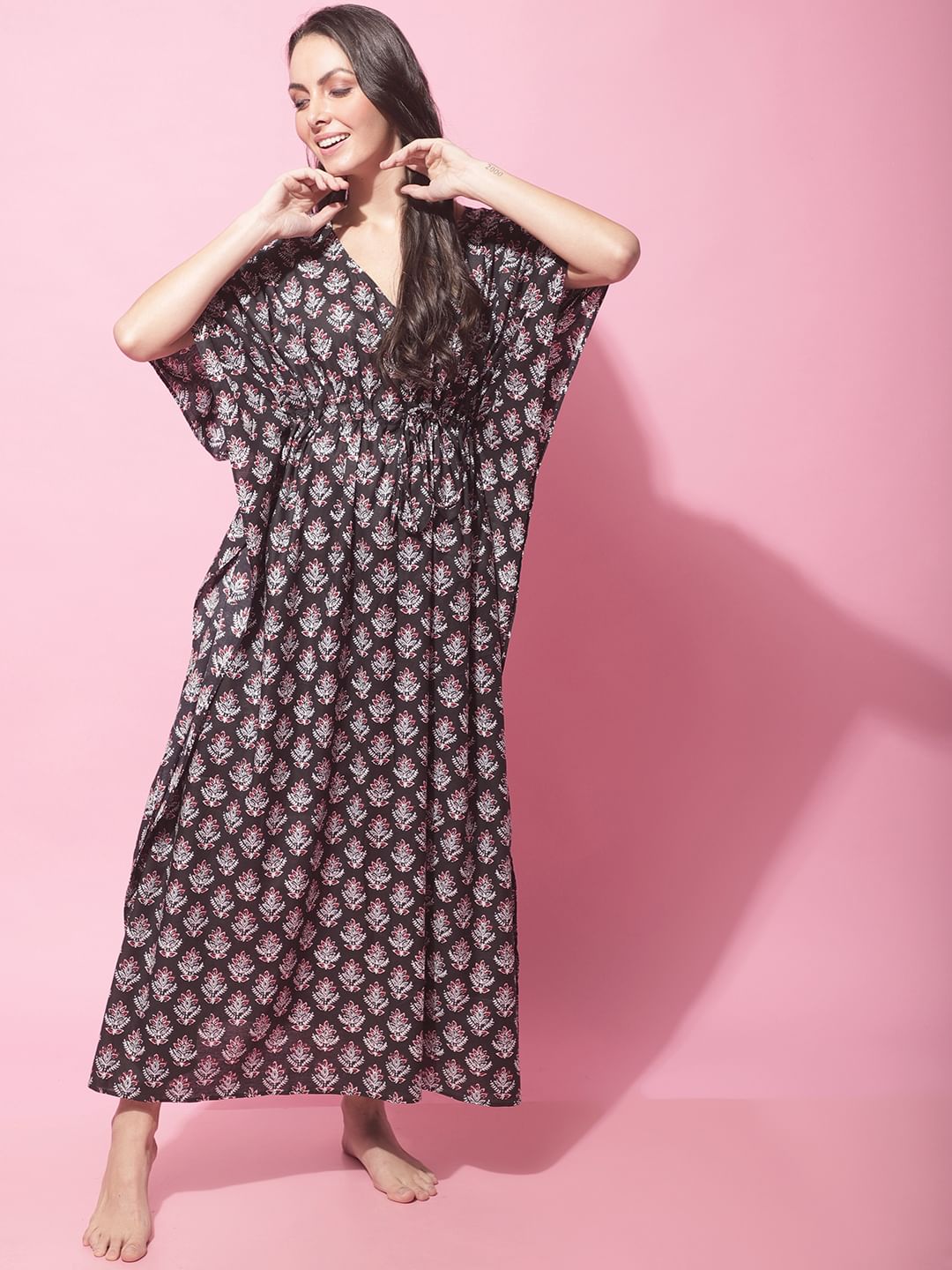 Black Sanganeri Screen Print Kaftan Night Dress