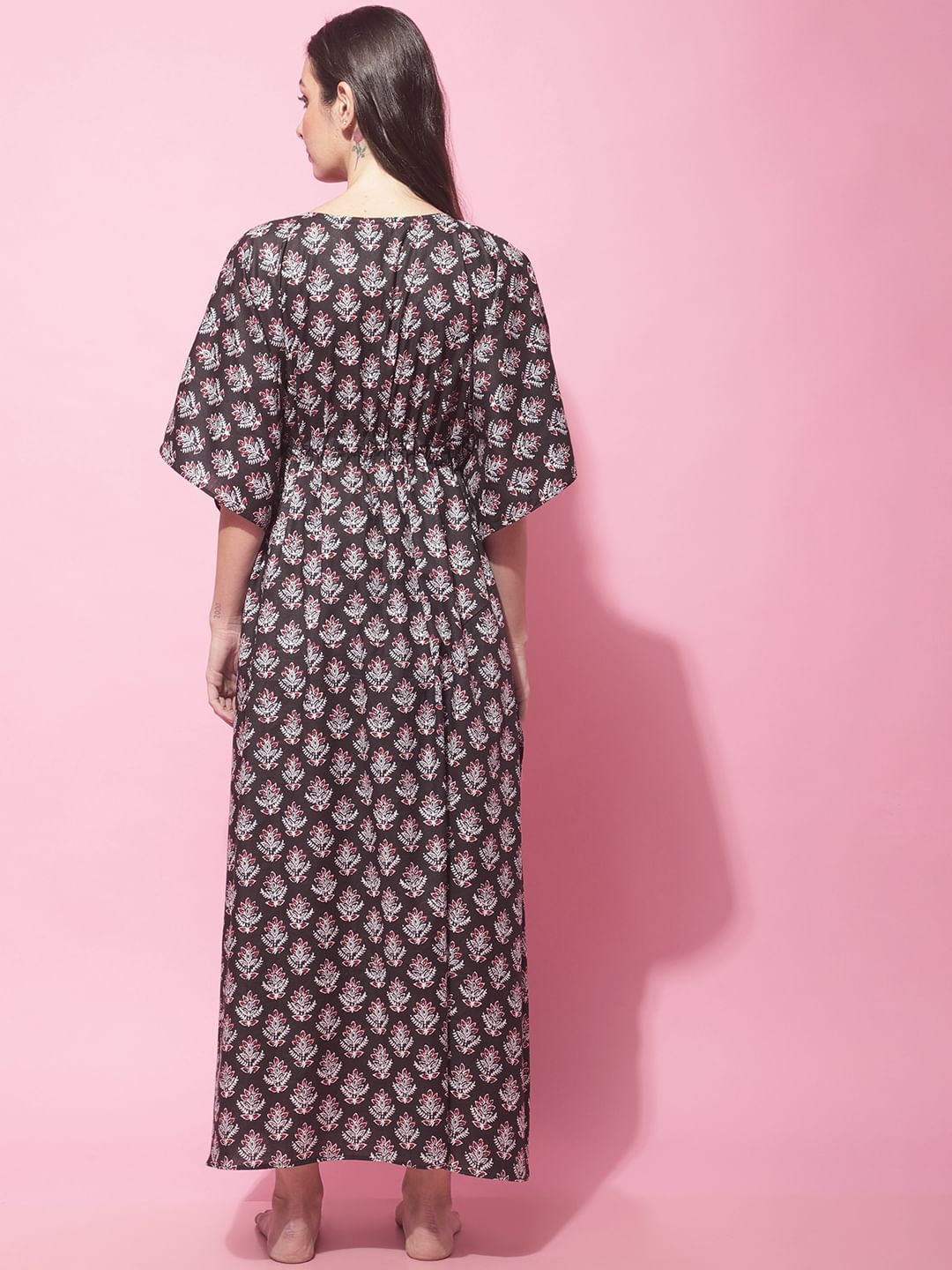Black Sanganeri Screen Print Kaftan Night Dress