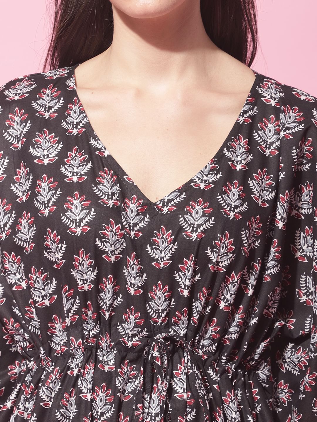 Black Sanganeri Screen Print Kaftan Night Dress