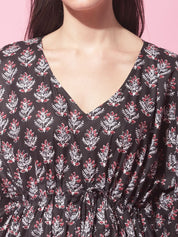 Black Sanganeri Screen Print Kaftan Night Dress