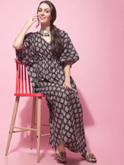 Black Sanganeri Screen Print Kaftan Night Dress