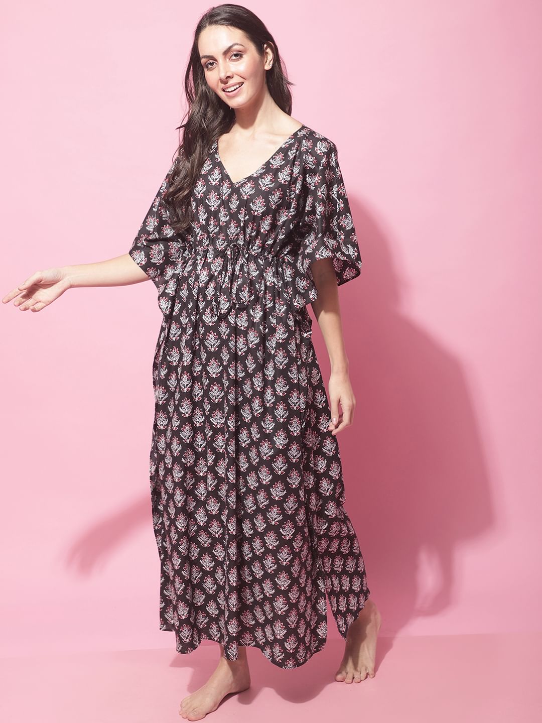Black Sanganeri Screen Print Kaftan Night Dress