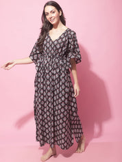 Black Sanganeri Screen Print Kaftan Night Dress