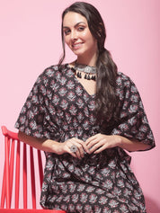 Black Sanganeri Screen Print Kaftan Night Dress