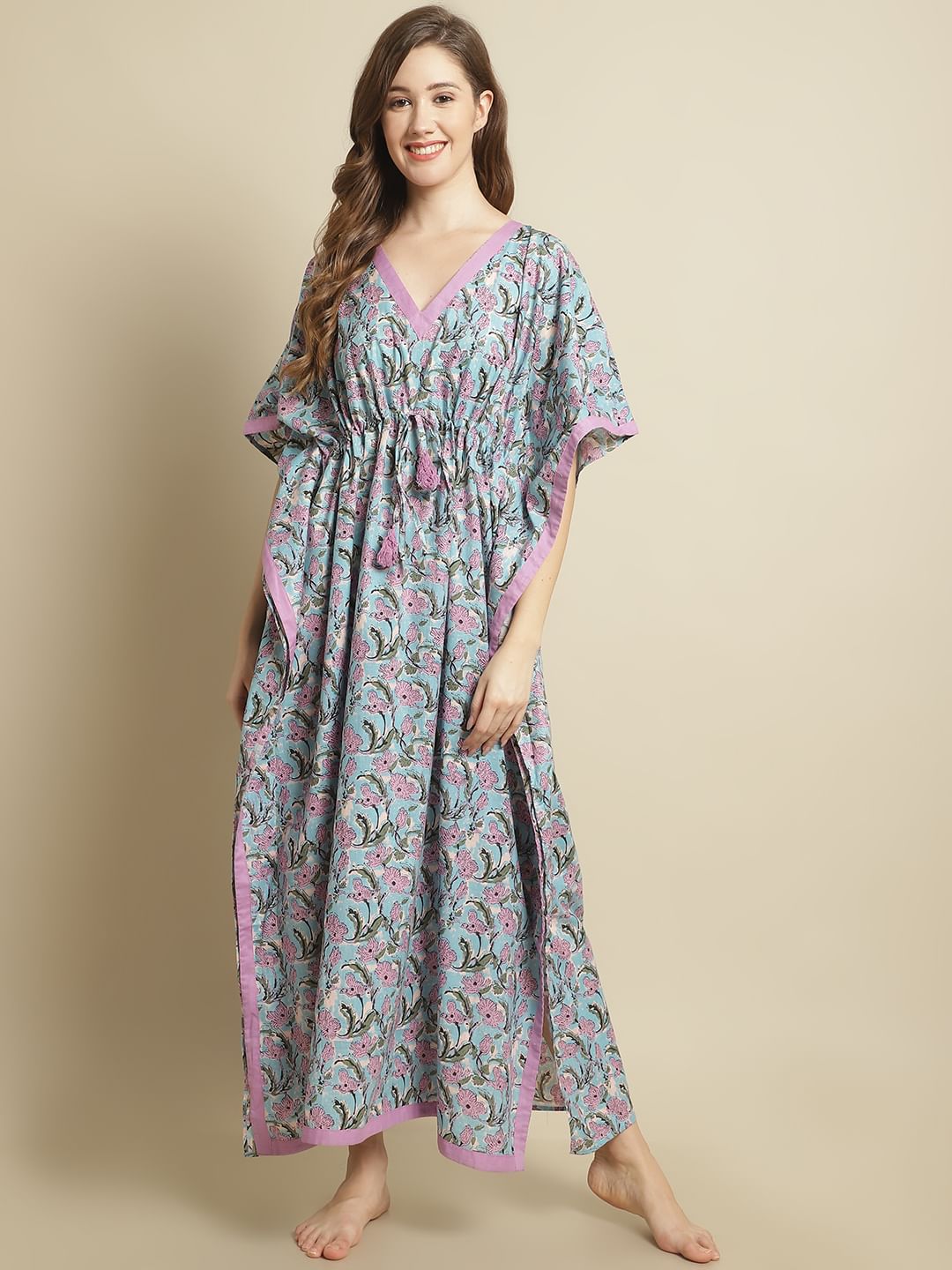 Blue Floral Printed Cotton Kaftan Nighty