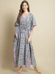Blue Floral Printed Cotton Kaftan Nighty