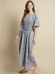Blue Floral Printed Cotton Kaftan Nighty