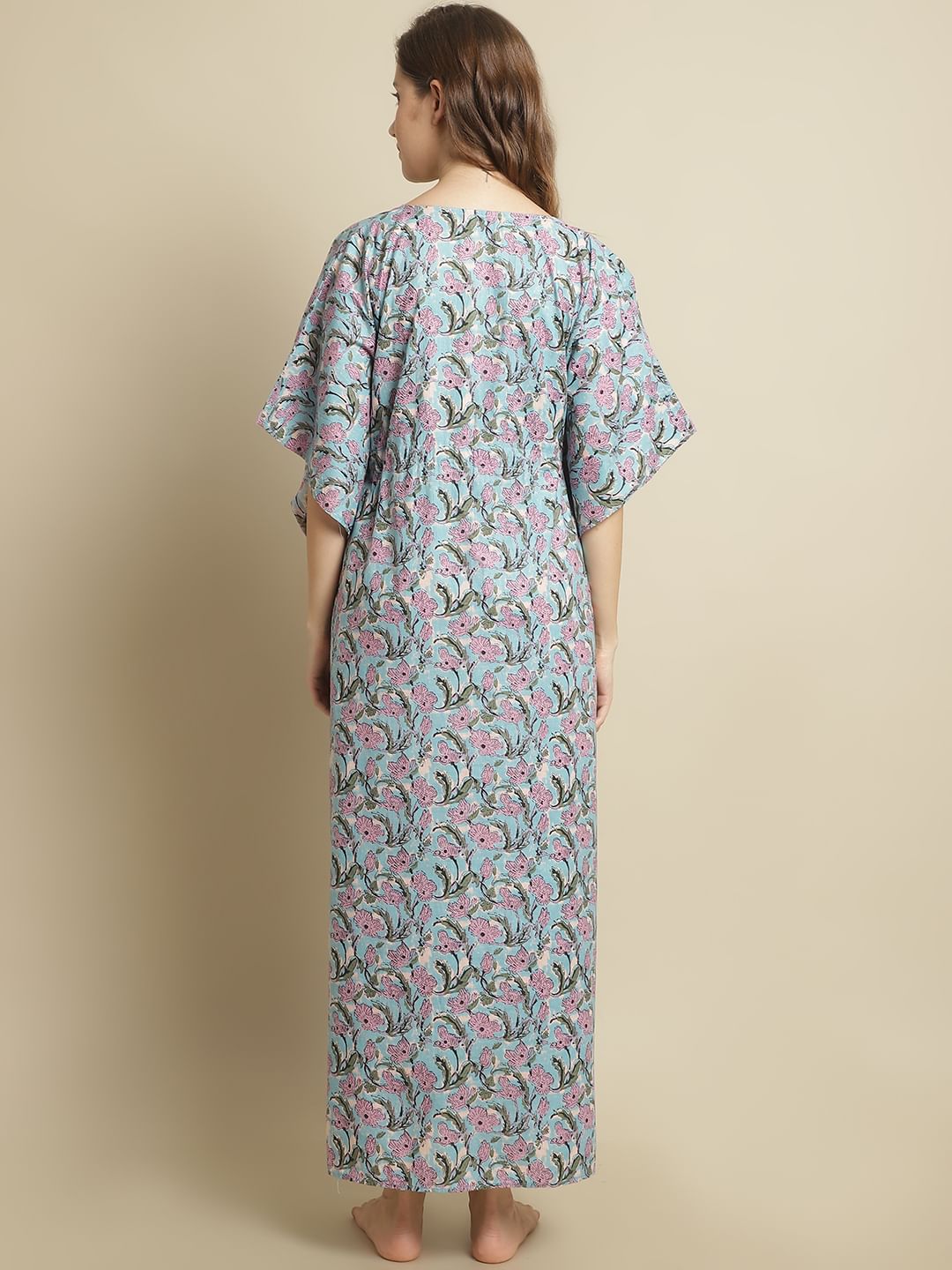 Blue Floral Printed Cotton Kaftan Nighty