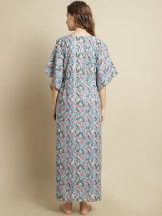Blue Floral Printed Cotton Kaftan Nighty
