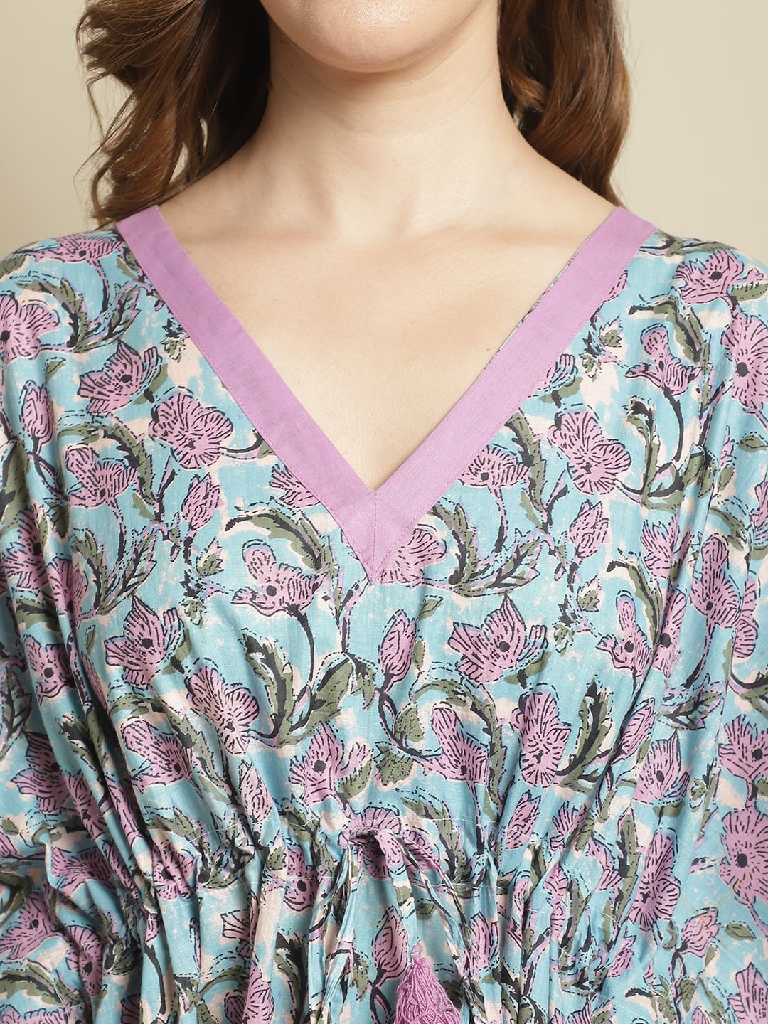 Blue Floral Printed Cotton Kaftan Nighty