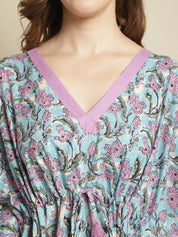 Blue Floral Printed Cotton Kaftan Nighty
