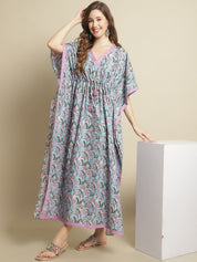 Blue Floral Printed Cotton Kaftan Nighty