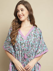 Blue Floral Printed Cotton Kaftan Nighty