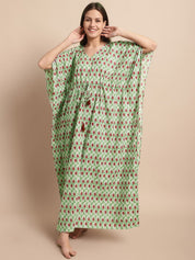 Green and Red Paisley Printed Kaftan Nighty
