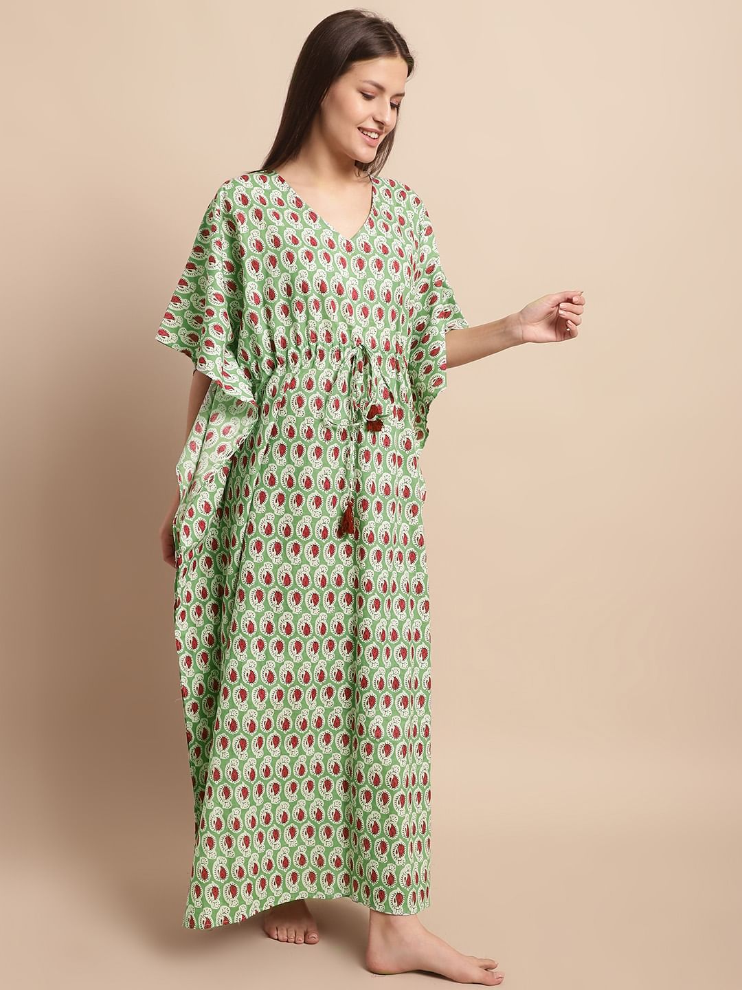 Green and Red Paisley Printed Kaftan Nighty