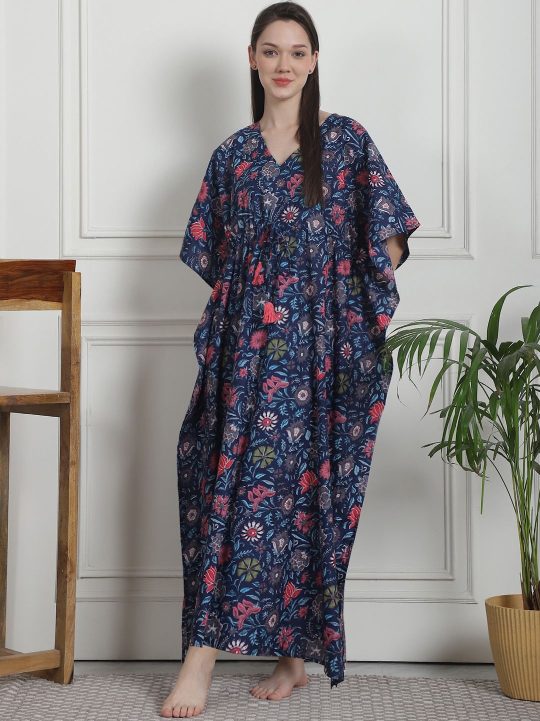 Floral Print Navy Blue Cotton Kaftan Nighty