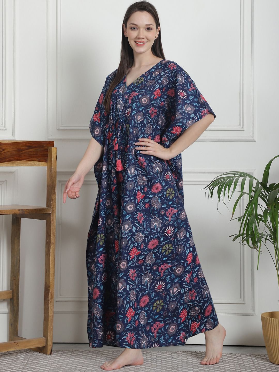 Floral Print Navy Blue Cotton Kaftan Nighty