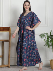 Floral Print Navy Blue Cotton Kaftan Nighty
