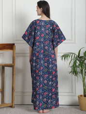 Floral Print Navy Blue Cotton Kaftan Nighty