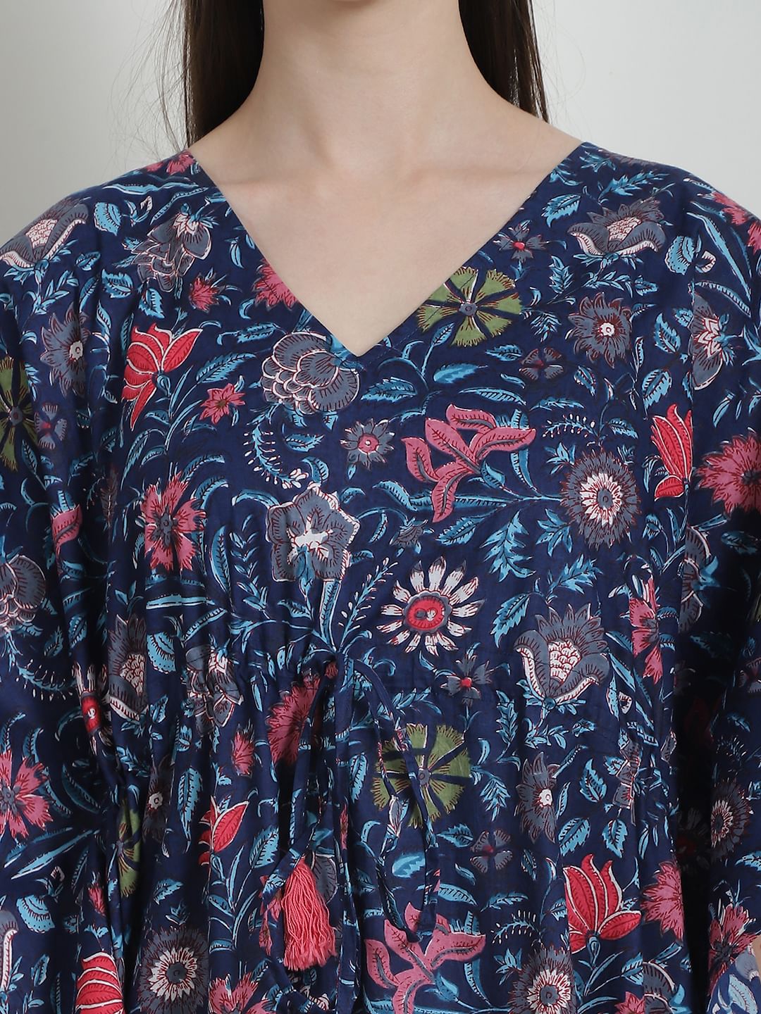 Floral Print Navy Blue Cotton Kaftan Nighty
