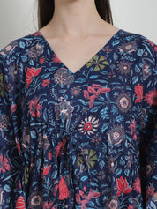 Floral Print Navy Blue Cotton Kaftan Nighty