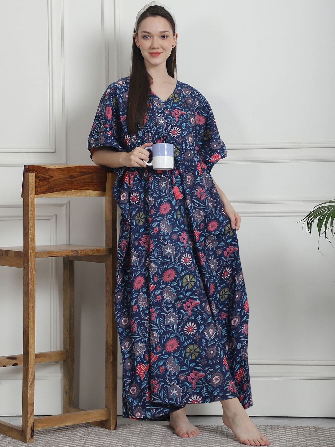 Floral Print Navy Blue Cotton Kaftan Nighty
