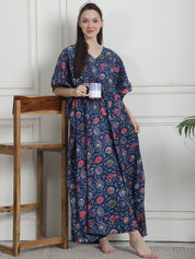 Floral Print Navy Blue Cotton Kaftan Nighty