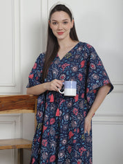 Floral Print Navy Blue Cotton Kaftan Nighty